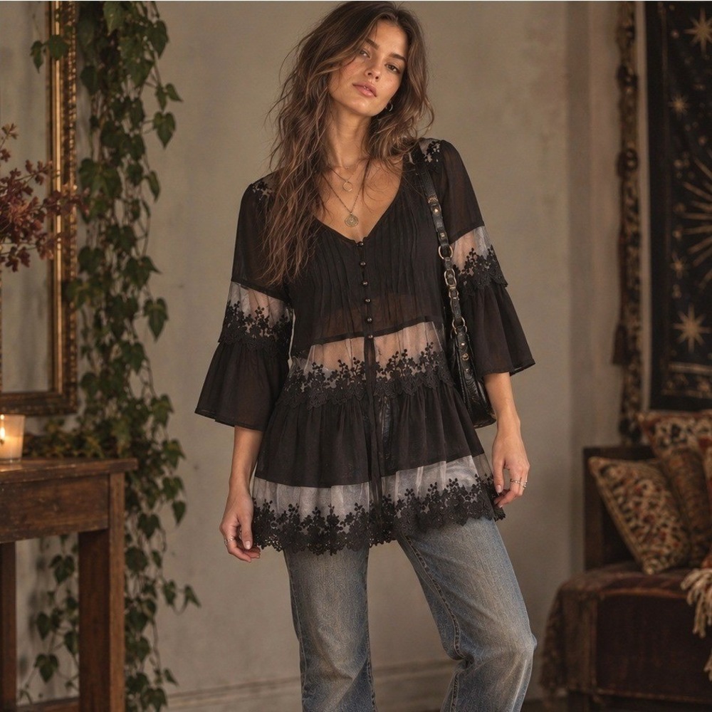 Black Sheer Whimsigoth Tunic Top Small Lace Bell Sleeve‎ Boho Witch Fairy Grunge